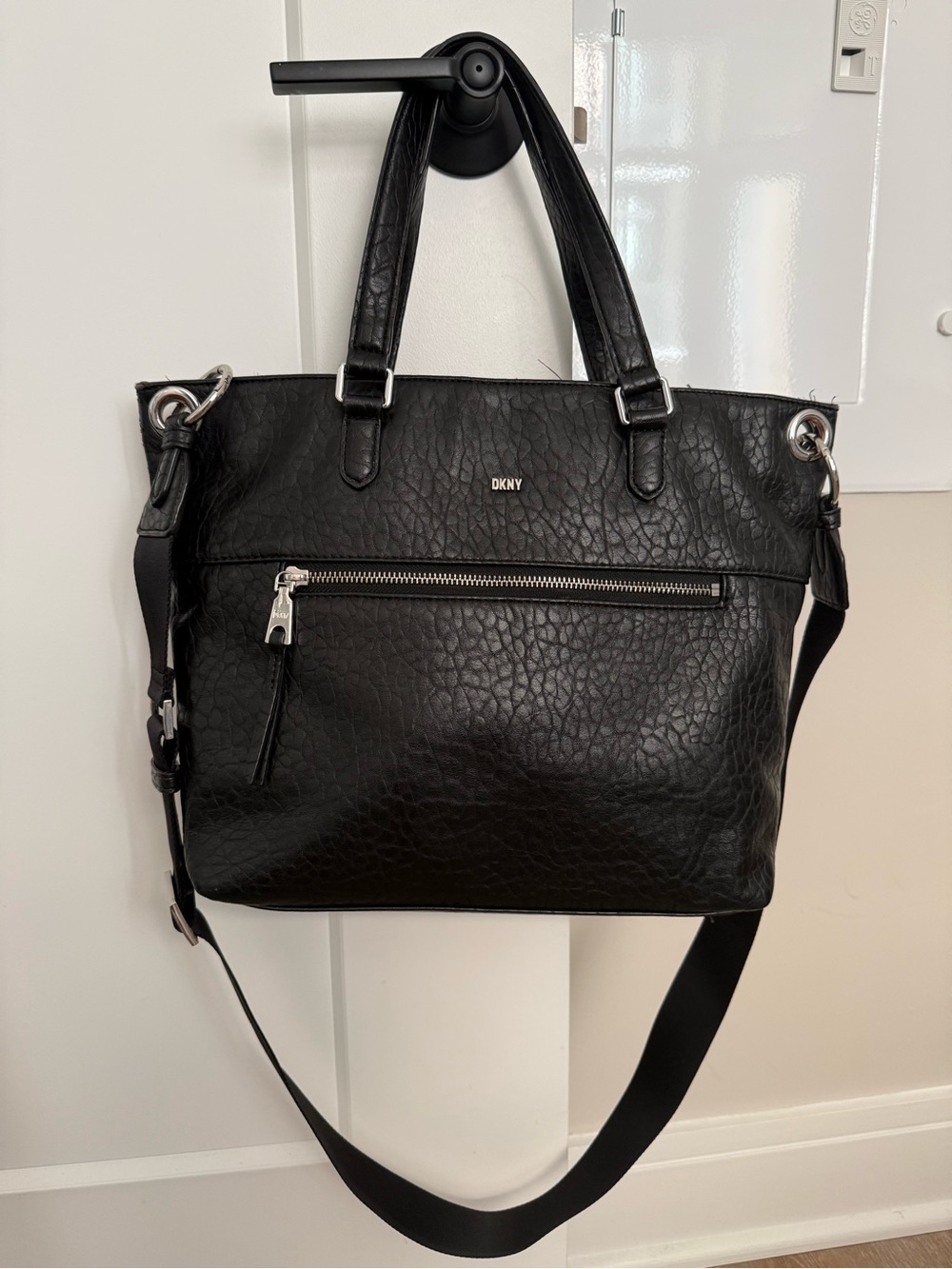 🖤 DKNY Gregorio Large Black Pebbled Leather Tote + Crossbody Strap